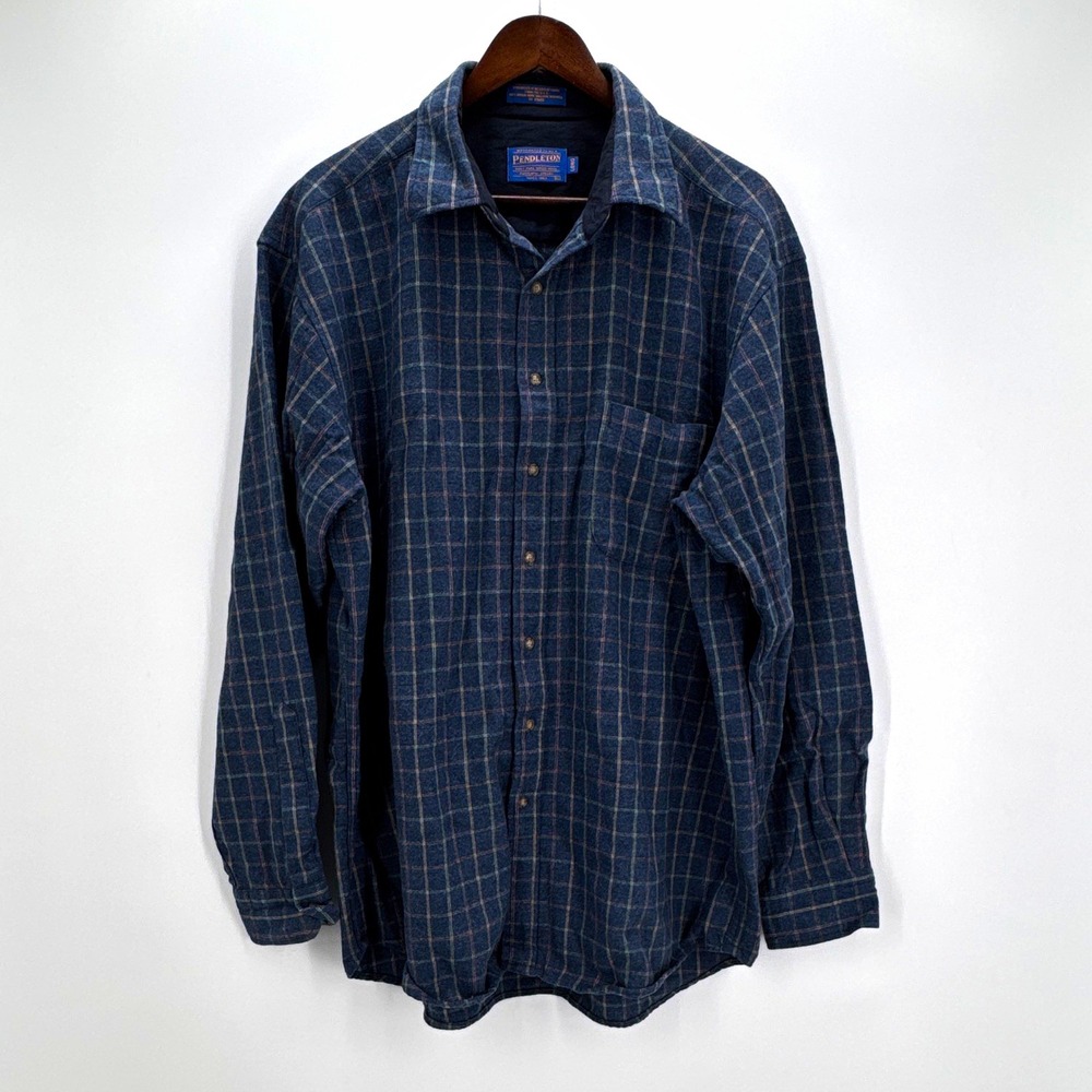 Pendleton Mens XL Long Blue Plaid Wool Flannel Button Down Shirt Virgin Wool